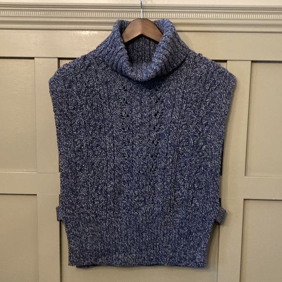 VERONICA Beard Collina Cable Knit Turtleneck Vest Sweater Blue Merino Wool Silk - Picture 5 of 12